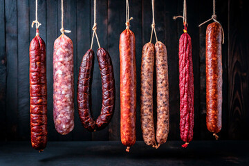 Assortment of hanging cured dried sausages and salami on dark rustic wooden background, traditional meat appetizer.