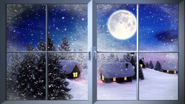 Fototapeta Flat design snowy forest is being shown through 6-pane window, with moonlit cabins, finance theme