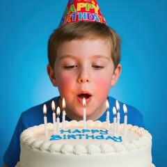 Young boy in birthday hat blows out candles on a cake