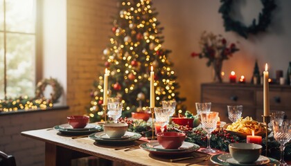 Festive Feast: A beautifully adorned dining table, set for a holiday gathering with a majestic Christmas tree, creates a warm and inviting atmosphere. 