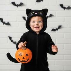Happy toddler in a black cat costume holding a jack o lantern