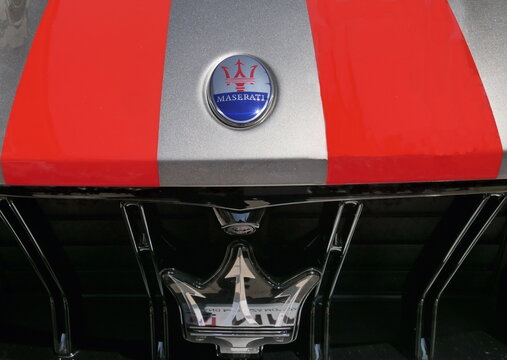 Super car exposed at Mimo, international motor show in Milan. Logo Maserati