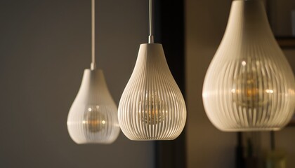 Illuminating Elegance: A trio of pendant lights with a teardrop shape hanging with an ambiance of warm glow in a room.