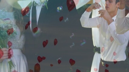 Bridal couple and attendant standing in flat design wedding with bouquet, rose petals, soap bubbles
