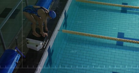 Swimmer is crouching on starting block in flat design sports featuring blue swim cap, lane dividers