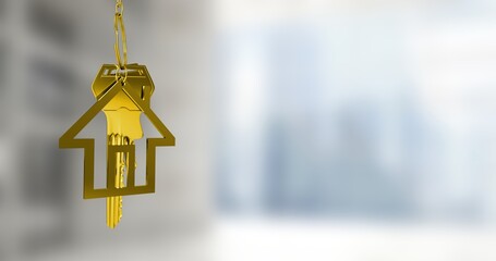 Gold house-shaped keychain with key is hanging in modern flat design for real estate marketing