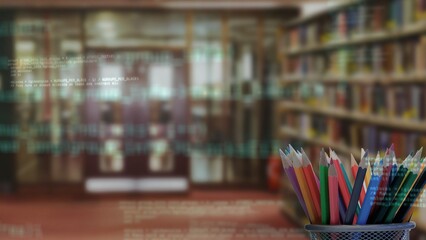 metal cup with colored pencils is sitting in flat design library, with floating code, education