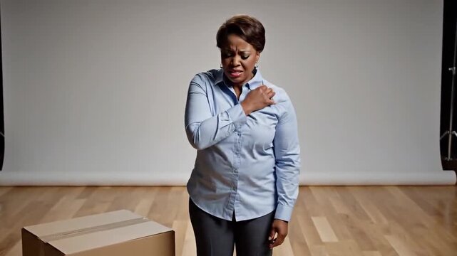 Woman Suffering Shoulder Pain After Lifting Heavy Cardboard Box, Painful Moment