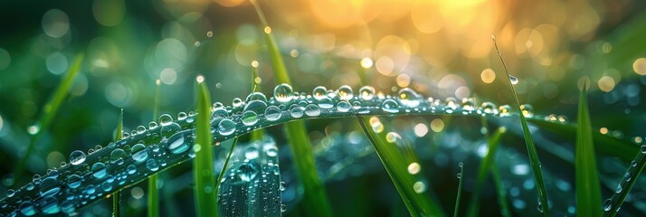 A macro shot captures glistening water droplets suspended on vibrant green grass. A soft bokeh background creates a dreamy and artistic effect, highlighting the natural beauty of the scene.
