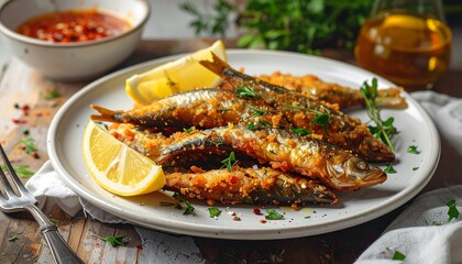 Crispy fried sardines garnished with lemon wedges and parsley, presented on a plate