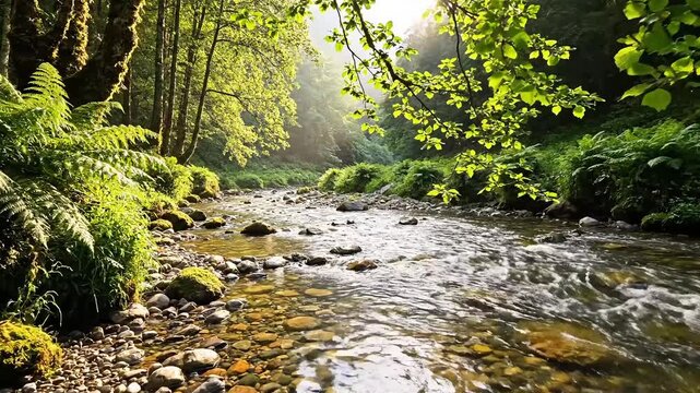 Sunlight streams through lush green forest illuminating a tranquil, rocky stream.
