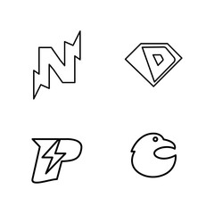 Abstract Line Art Icons Set: Letter N Lightning, Diamond D, Letter P Power, Bird Head
