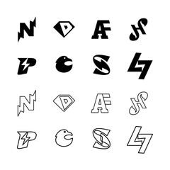 Set of diverse vector letter logos and dynamic icons with abstract, superhero, and sports themes, presented in black solid and outline styles.