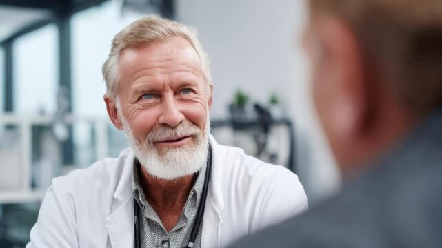 An older male doctor with gray hair and a white beard, wearing a white coat, smiling during a patient consultation in a clinic.