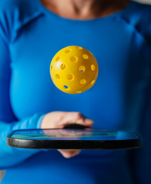 Close up of woman in blue bouncing yellow pickleball on a paddle.