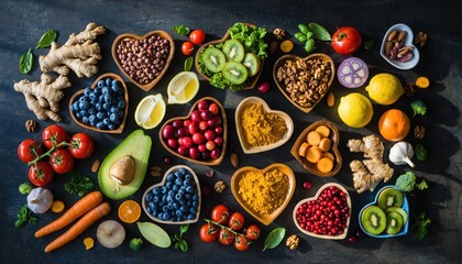 A Heartfelt Feast of Wellness: A vibrant array of heart-shaped bowls brimming with an assortment of nutritious whole foods, including fruits, vegetables, and superfoods.