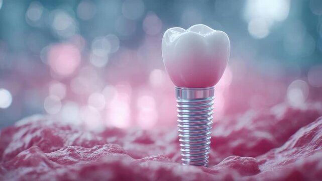 a dental implant with a tooth crown standing upright in pink rocky terrain