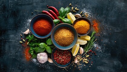 Spice Palette: An array of colorful spices bursts with flavor and aroma. Bowls of vibrant seasoning, alongside fresh herbs, and zesty lemon, creating a captivating culinary scene.