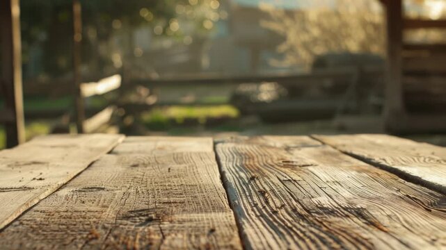 Video A rustic wooden table with a simple bench in the background, suitable for outdoor or farmhouse settings