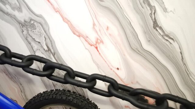 A black bicycle chain sits over a tire and against a flowing marble-like background with white, gray, and pink