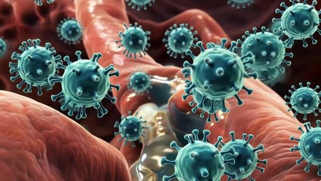 Norovirus multiplying massively on the surface of digestive tract mucosa, stimulating intestinal cells to secrete fluid and cause diarrhea