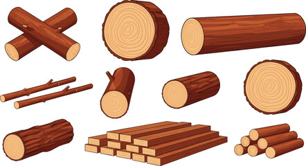 A vector collection of various natural wood elements including cut logs, timber, stacked lumber, and firewood, showing the grain texture and tree rings for logging and construction