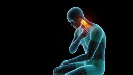 Glowing figure holding chest with bright neck spine showing nerve pain and tension relief concept body stiffness rare disease