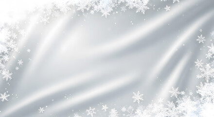 Elegant winter background with flowing white silky fabric texture and decorative snowflake frame for luxury christmas design