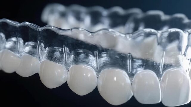 Clear dental aligner fitted over a row of teeth on a dental model.