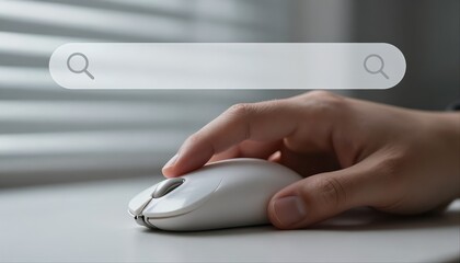 Close-up of hand using computer mouse with virtual search engine bar. Concept for smart search, machine learning, SEO, data query, and digital transformation