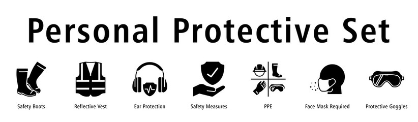 Personal Protective Set banner with Boots, Vest, Ear Protection, Safety Measures, PPE, Mask Requirement, and Goggles.