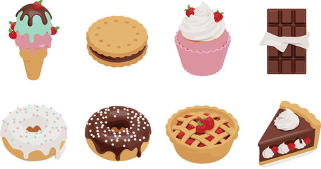 Vector Collection of Eight Delicious 3D Desserts, Including Ice Cream, Donuts, Chocolate Bar, Cupcake, and Pie Slices, Ideal for Bakery Menus, Sweet Treats, and Food Graphics