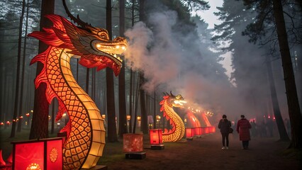 Magical forest filled with artistic dragon lanterns, red-gold glow, soft smoke, cultural celebration ambiance, shallow depth of field, editorial-safe