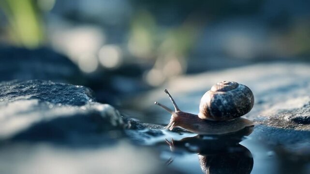 A snail with a spiraled shell rests on a wet rock beside a calm, reflective pool.