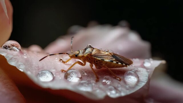 A tiny brown insect perched on a pink rose petal covered with dew droplets.