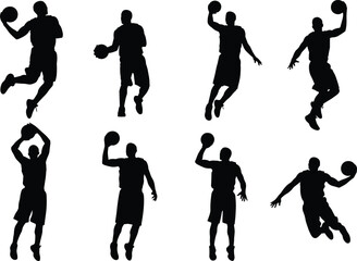 Dynamic Vector Silhouette Set: Professional Male Basketball Players in Action, Dunking, Shooting, and Dribbling, Illustrating Fast-Paced Sports Game, Competition, and Athletic Movement on Court. © Sawda's World