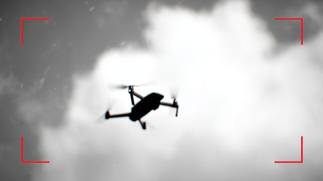 Targeting the enemy drone: pixelated black and white image of a high-tech military drone flying in the sky. Spy. Military intelligence