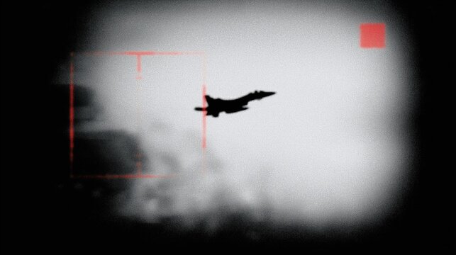 A grainy video still of a fighter jet taken by a CCTV camera. Enemy's drone