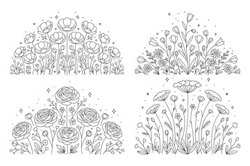 Wildflower Line Art Borders Bundle, Floral Botanical Border Illustrations