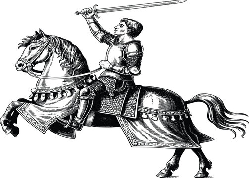 Vintage engraving style illustration of a knight in armor on a warhorse raising a sword, medieval warrior black and white vector graphic