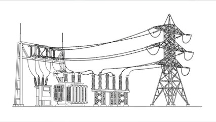 Detailed illustration of electrical power transmission towers and substation equipment