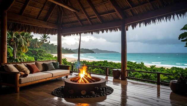 Cozy outdoor space overlooking ocean, featuring a fire pit and comfortable seating under a thatched roof pavilion