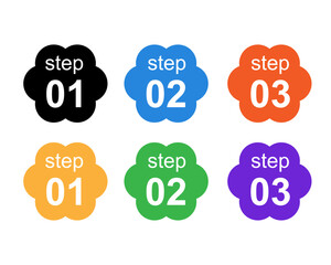 手順説明やインフォグラフィックに使える、花形デザインのカラフルな「step 01・02・03」番号アイコンセット。説明資料やUIに最適なベクター素材。