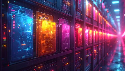 Colorful server racks illuminated in a long row, creating a vibrant and technological display of interconnected systems