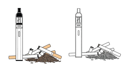 Vaping devices contrasted with traditional cigarettes and tobacco remnants depicted