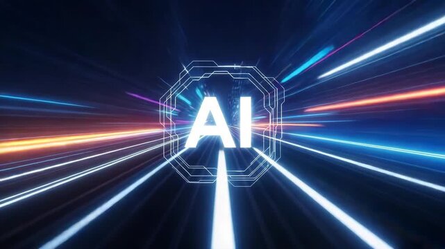 White AI logo in a hexagonal frame with streaks of light on a dark blue zooming background artificial intelligence