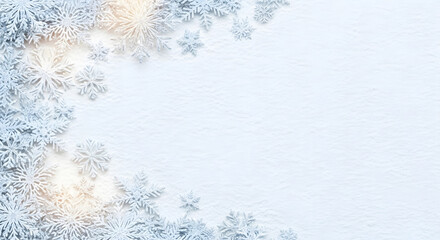 Close up of blue and white decorative snowflakes on textured snow background creating a festive winter corner border