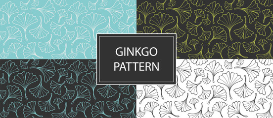 Ginkgo Line Art Seamless Pattern. Outline Botanical Ornaments, Hand-drawn Style