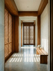 Sunlit modern interior corridor with wooden lattice screens casting geometric shadows on walls and polished floor, midcentury-inspired living space with framed art and natural materials