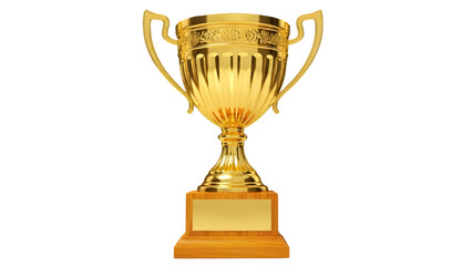 A gleaming golden trophy with ornate handles and a wooden base against a black background.